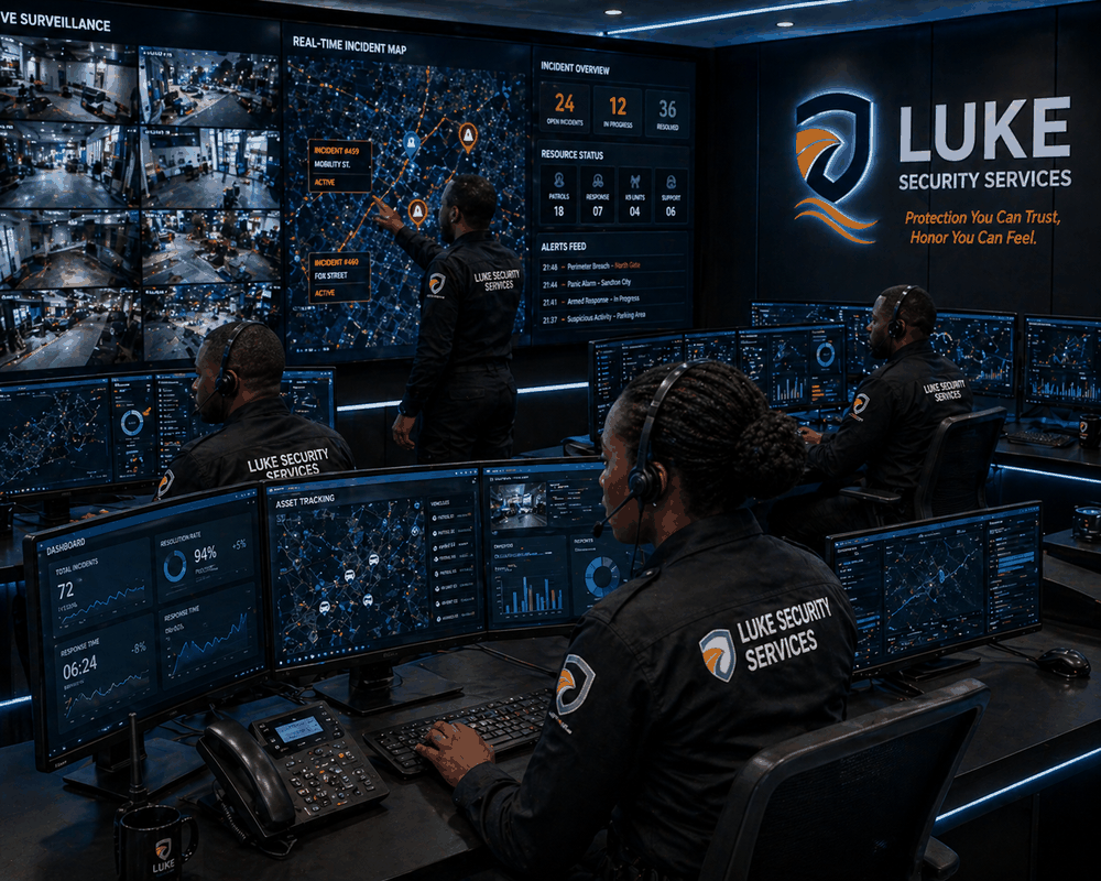 High-tech control room with security dashboards